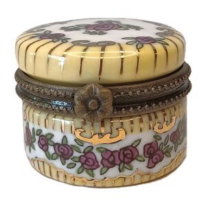 Vintage Hinged Trinket Pill Box Yellow With Pink Purple Flowers And Gold Detail